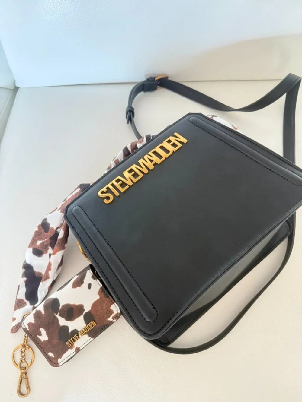 STEVE MADDEN BEVELYN SCARF SATCHEL CROSSBODY BAG ANIMAL PRINT SCARF WALLET BLACK